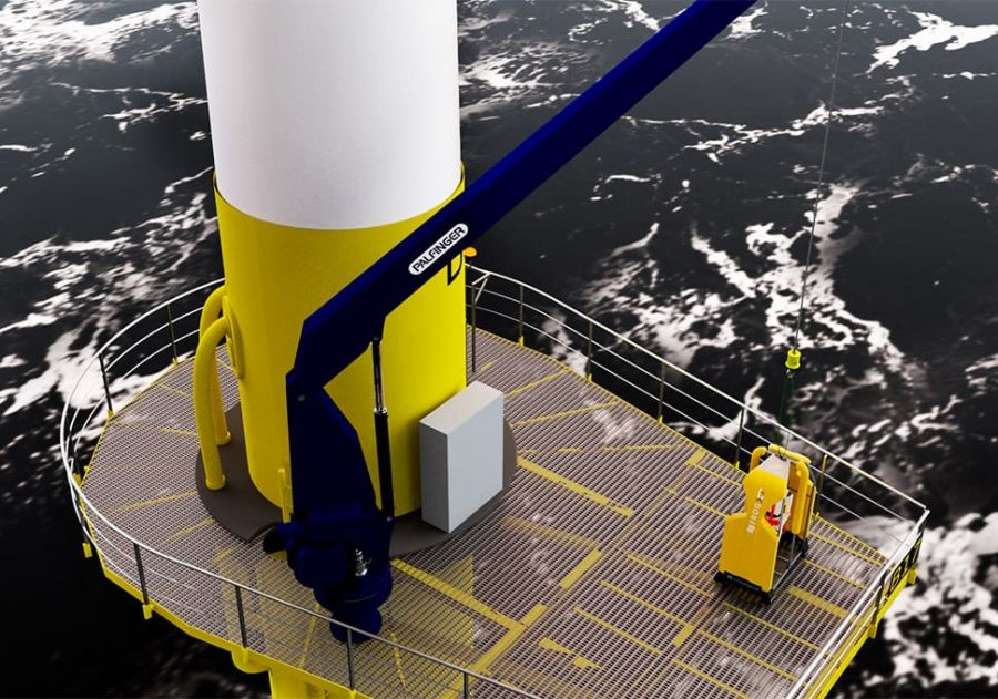 CGI of crane landing the Reflex Marine Osprey device on the platform of a wind turbine.