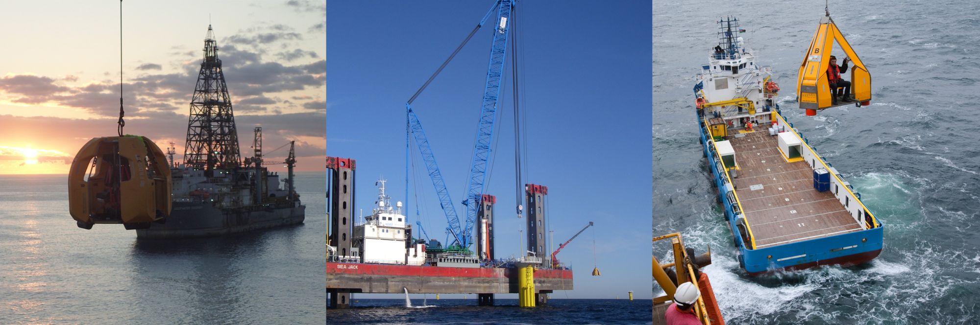Three images, each showing a safe transfer using the Reflex Marine crane system.