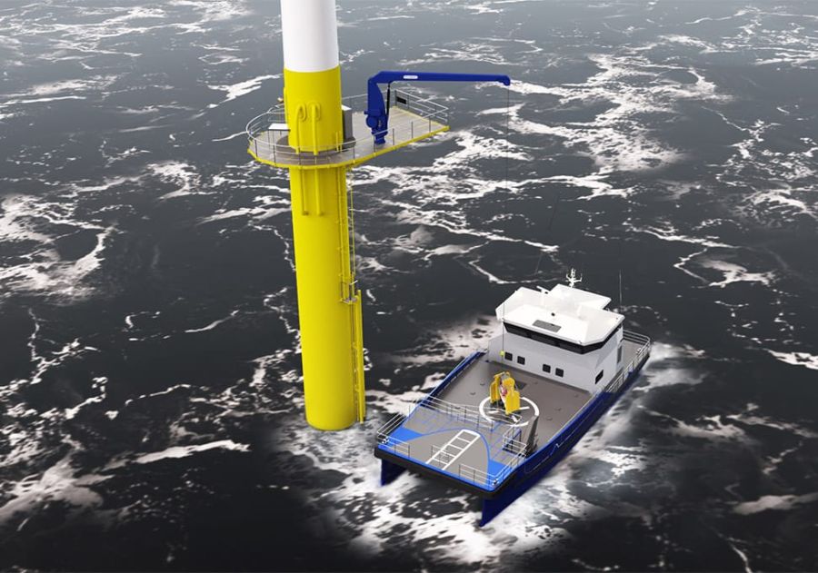 CGI of the Reflex Marine Osprey device transferring on rough seas.