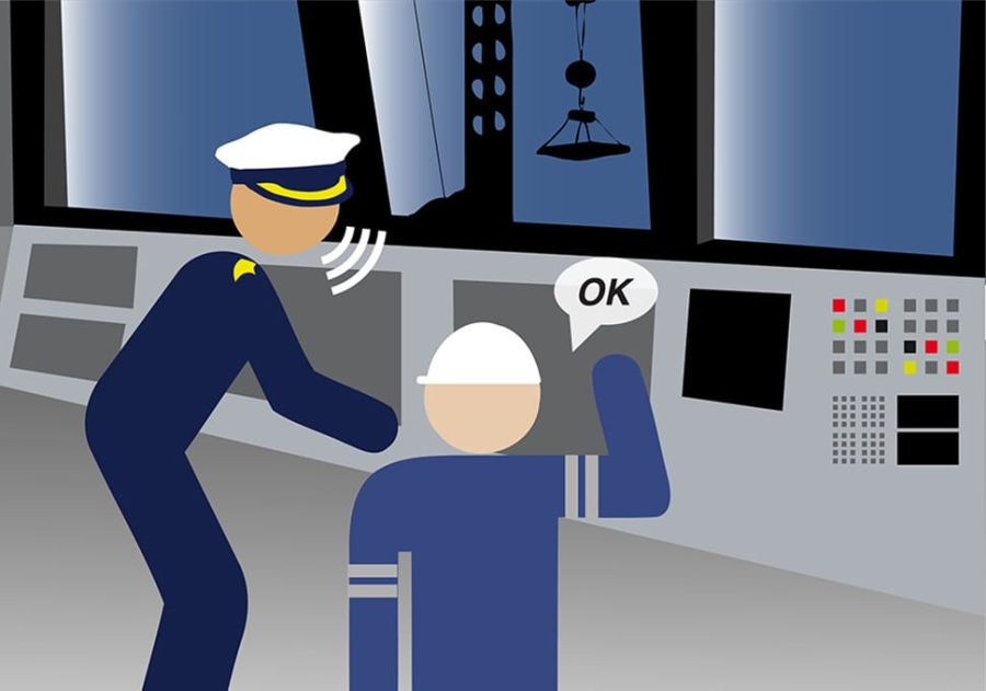 An illustration of the captain of a vessel talking to a member of crew.