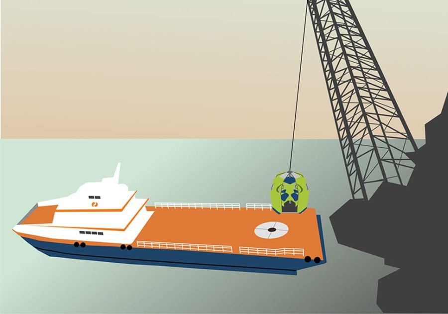 An illustration of a crane transferring a Reflex Marine device onto a ship.